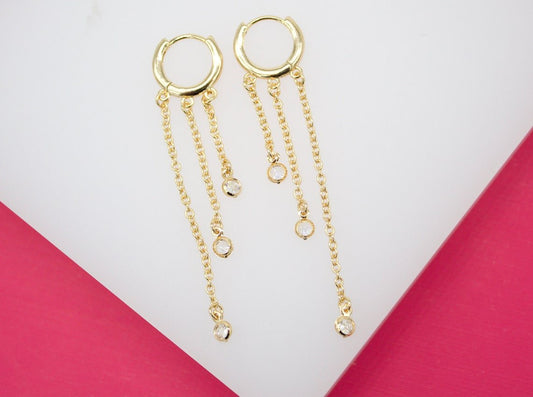 Gold Filled Long Dangle CZ Stone Huggie Earrings (L71) - SkyWaves