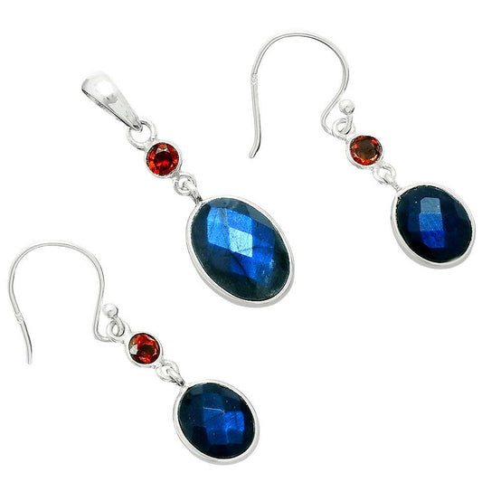 Premium Quality Blue Labradorite & Garnet Pendant Earrings Set T - 1010 24 - ET10030 - SkyWaves
