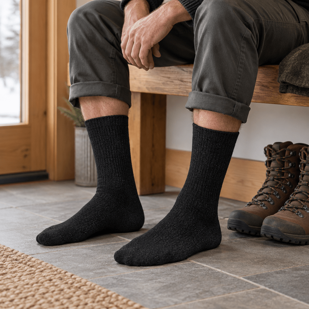 SkyWaves Men's Winter Thickened Velvet Thermal Hiking Socks – Reinforced Outdoor All-Black | 4-Pack - SkyWaves