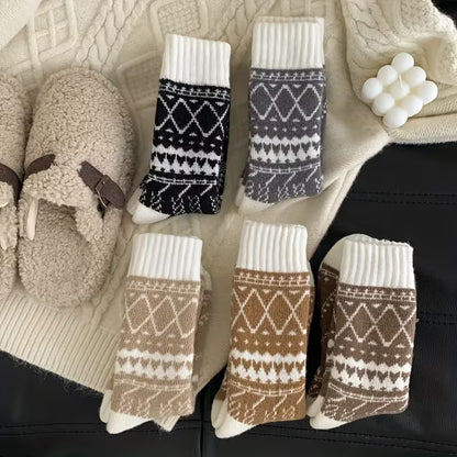 SkyWaves Women's Thermal Ethnic Rhombus Pattern Winter Socks – Cozy Fluffy Mid-Calf | 5-Pack